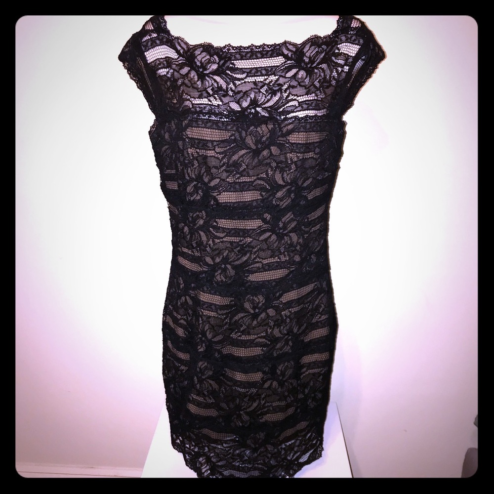 Nicole Miller Black Nude Lace Mini Dress Medium